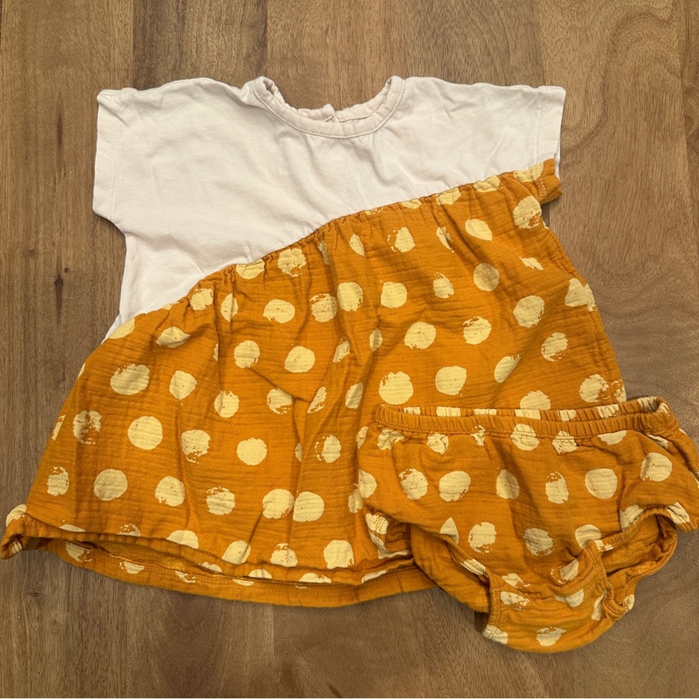 White and Mustard Polka Dot Baby Dress with Bloomers
